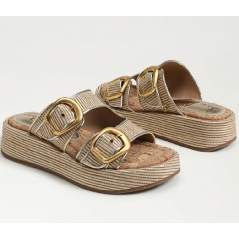 Sam Edelman Nerissa Gold Metallic Platform Slide Sandals Buckle Straps Size 7M
